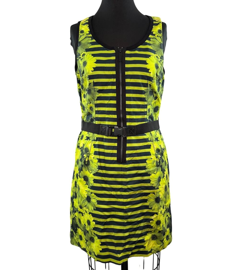 MICHAEL KORS Yellow Shift Dress Striped Floral Belt Waist Full Zip Size 10 NEW